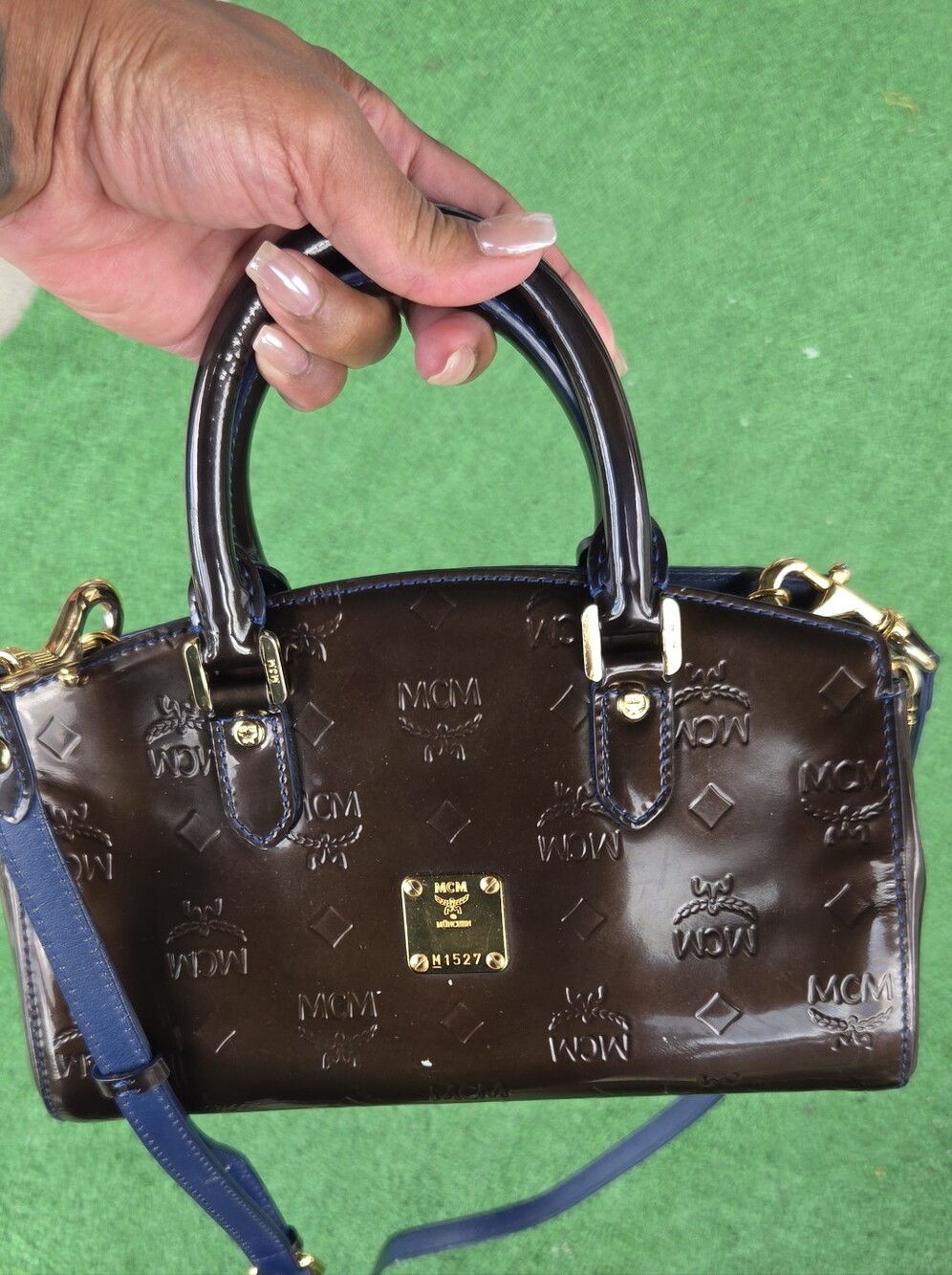 MCM Mini Olive Green & Blue Patent Leather Top-Handle Mini Crossbody - Picture 2 of 16
